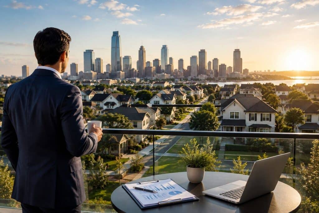 Foreign investor viewing a U.S. residential neighborhood and city skyline while reviewing real estate investment data.