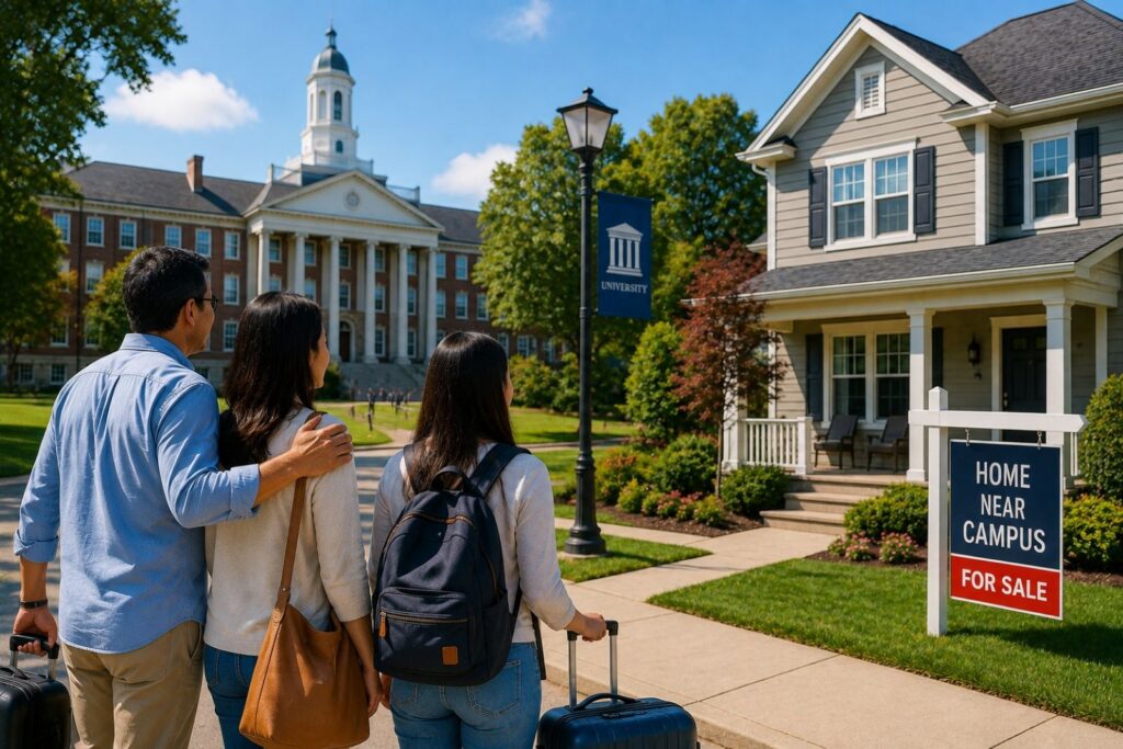 Family viewing a home near a U.S. university for a college student.