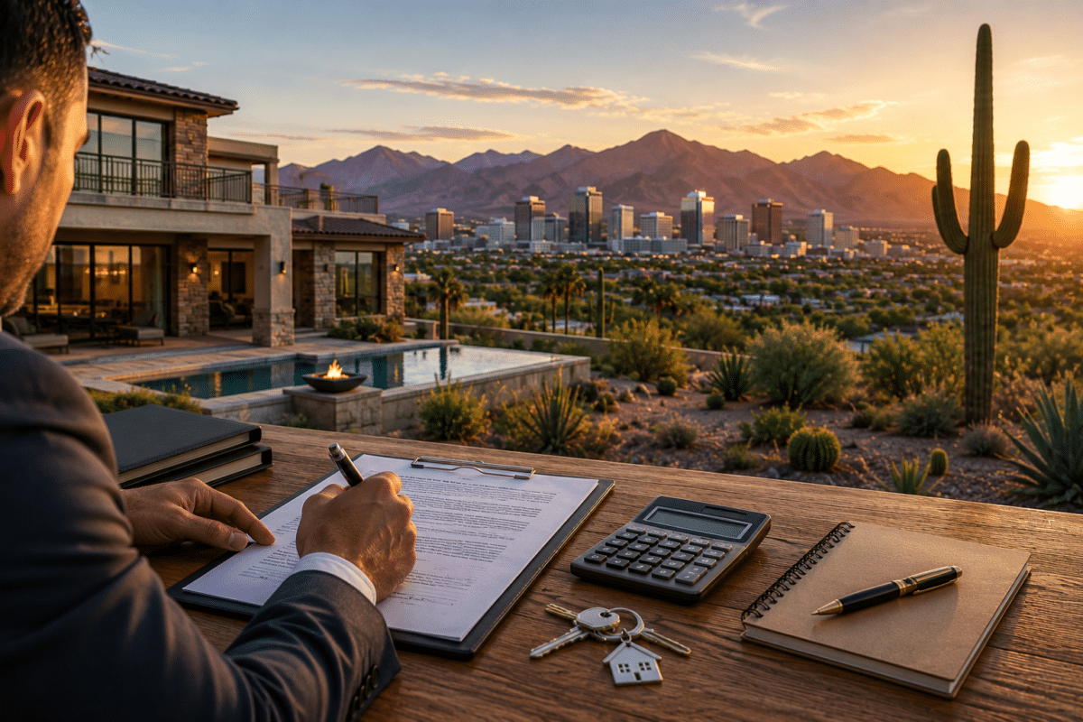 DSCR Loans in Arizona illustrated by an investment property with mortgage documents, calculator, and financial planning tools.