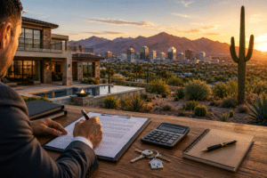 DSCR Loans in Arizona illustrated by an investment property with mortgage documents, calculator, and financial planning tools.