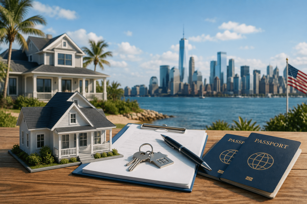 Foreign national buying a U.S. second home with passports, mortgage documents, house keys, and an American flag.