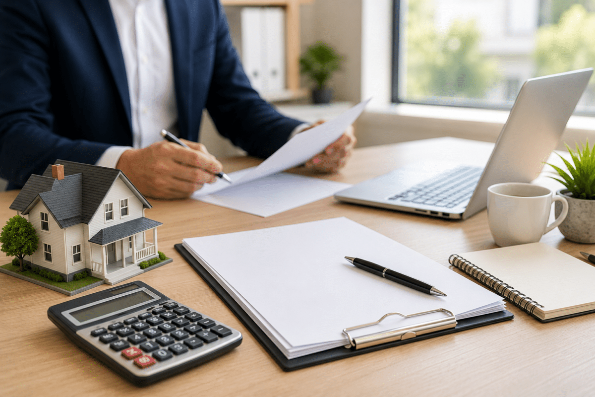 Mortgage pre approval documents with house model, calculator, and lender reviewing paperwork in a modern office.