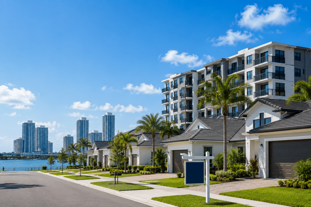 Modern Florida rental homes and multifamily investment properties under a sunny sky, representing DSCR Loans in Florida for real estate investors.