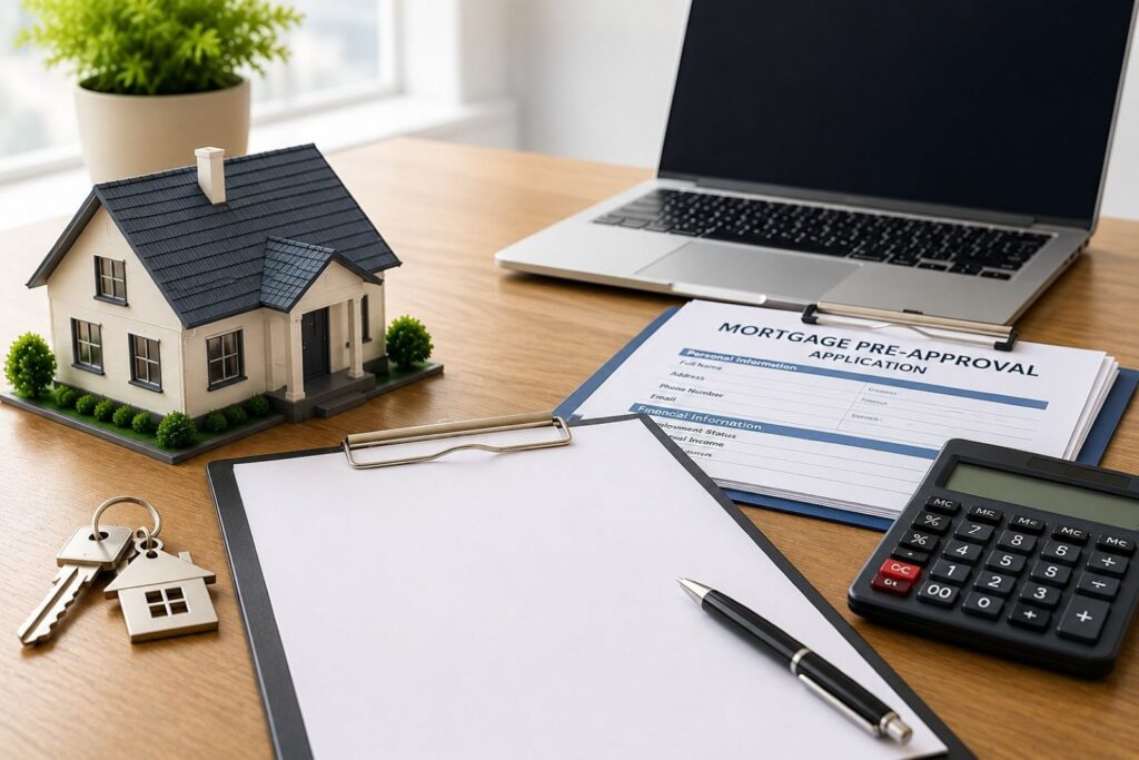 Mortgage pre approval application with house model, calculator, keys, and financial documents on a desk