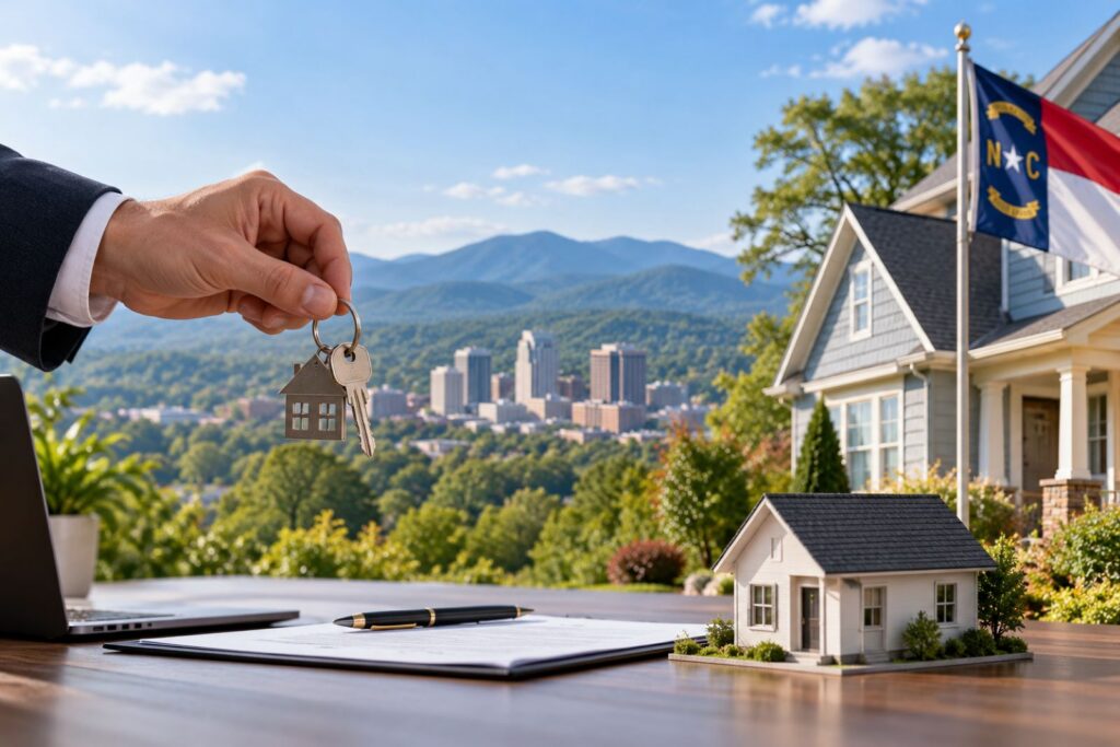 North Carolina real estate purchase with house keys, property documents, and a suburban home overlooking the mountains.