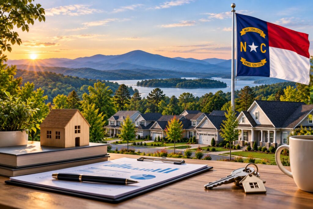 Rental property investment in North Carolina with suburban homes, house keys, financial documents, and state flag.