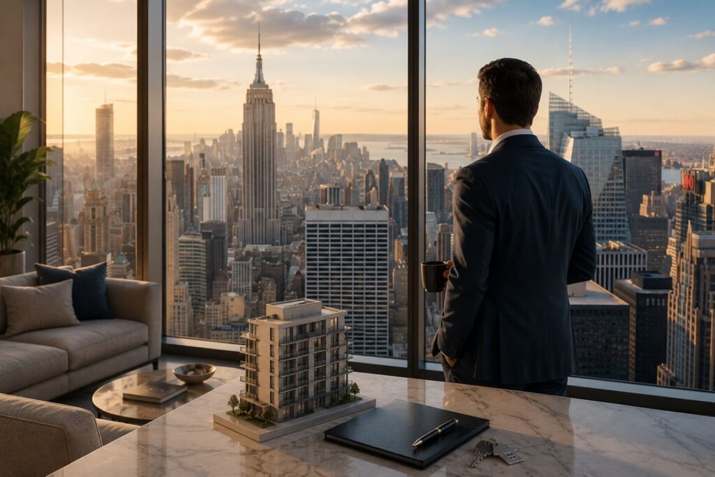 International buyer viewing New York real estate from a luxury apartment with a Manhattan skyline, property model, documents, and keys.