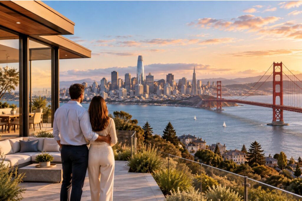 California homeowners viewing a luxury Bay Area property with the San Francisco skyline and Golden Gate Bridge in the background.