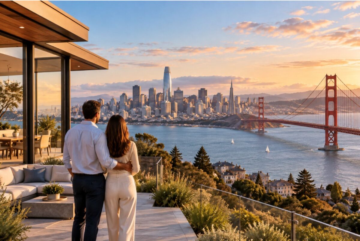 California homeowners viewing a luxury Bay Area property with the San Francisco skyline and Golden Gate Bridge in the background.