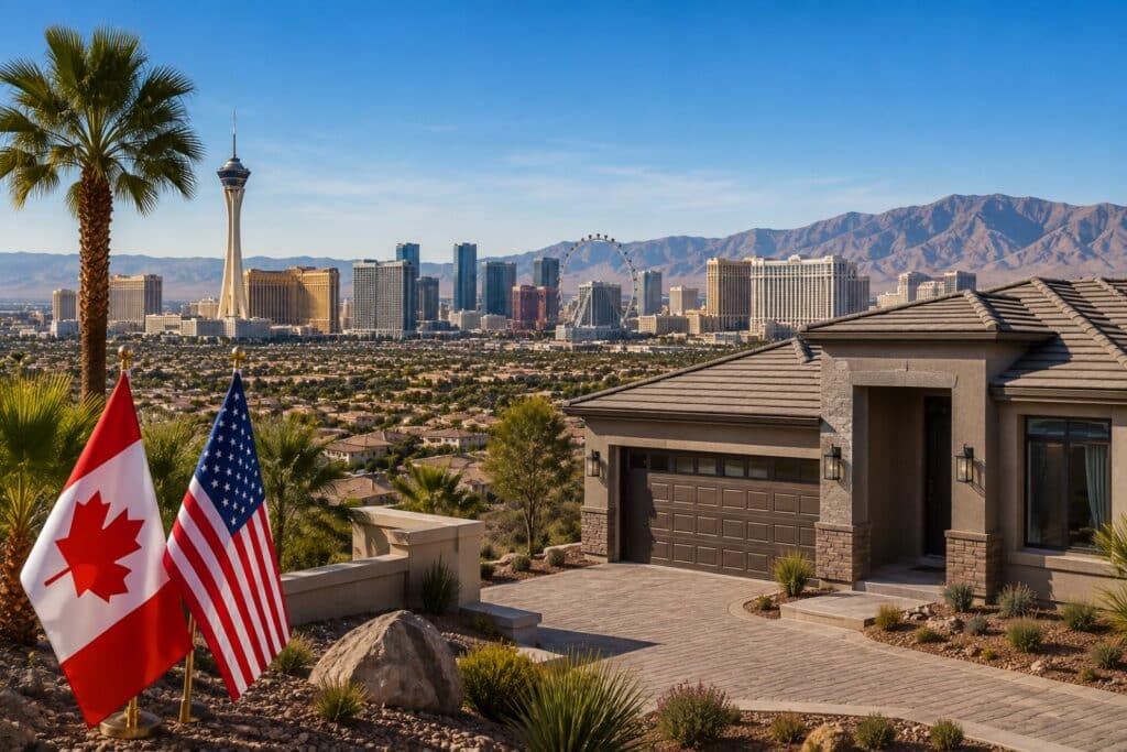 Luxury Las Vegas home overlooking the Las Vegas Strip and mountains, featuring Canadian and U.S. flags for buyers looking to Buy Property in Nevada.