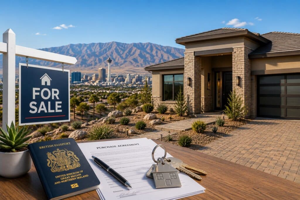 UK buyer buying property in Nevada with a modern home, Las Vegas skyline, British passport, purchase agreement, and house keys.