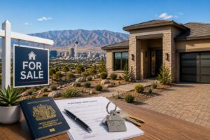 UK buyer buying property in Nevada with a modern home, Las Vegas skyline, British passport, purchase agreement, and house keys.