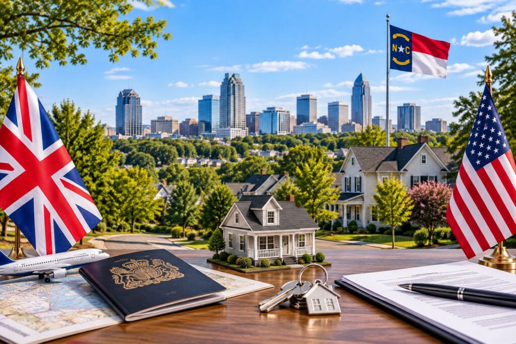 Buy property in North Carolina from the UK with a U.S. home, British passport, and North Carolina flag.