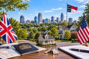 Buy property in North Carolina from the UK with a U.S. home, British passport, and North Carolina flag.