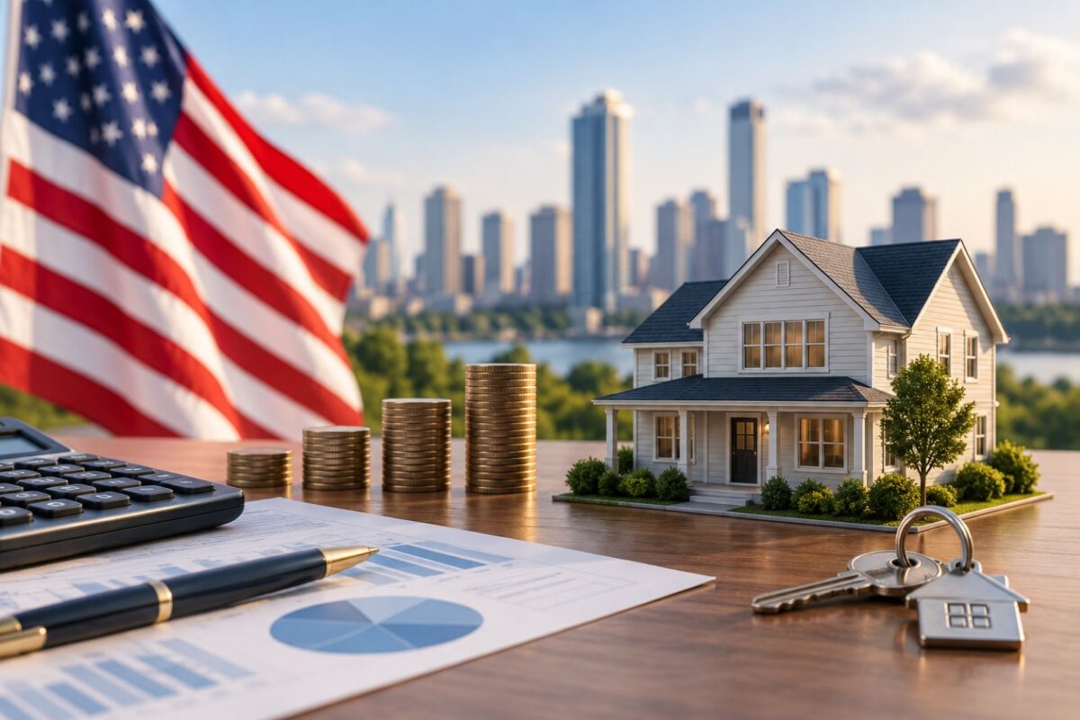 DSCR loans for U.S. real estate investors featuring an investment property, financial charts, calculator, coins, and house keys.