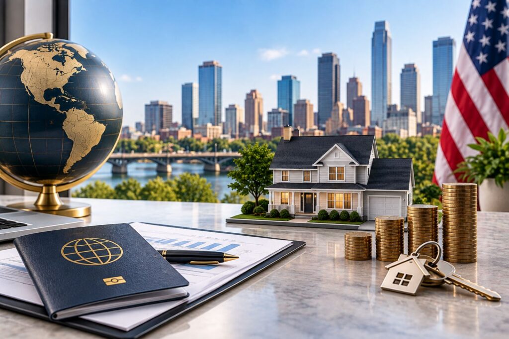 U.S. real estate investing for non-residents with a passport, globe, property, financial documents, and investment coins.