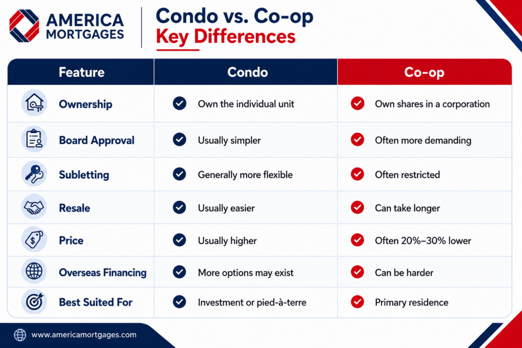 Condo vs. co-op comparison showing differences in ownership, board approval, subletting, resale, price, overseas financing, and suitability for international buyers