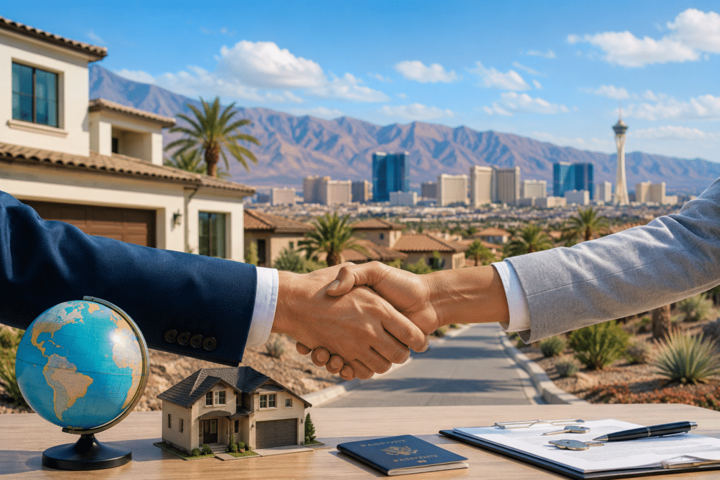Foreign national buying Nevada real estate with property documents, keys, passport, and Las Vegas skyline in the background.