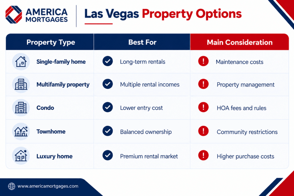 Las Vegas property options infographic comparing single-family homes, multifamily properties, condos, townhomes, and luxury homes for investment.