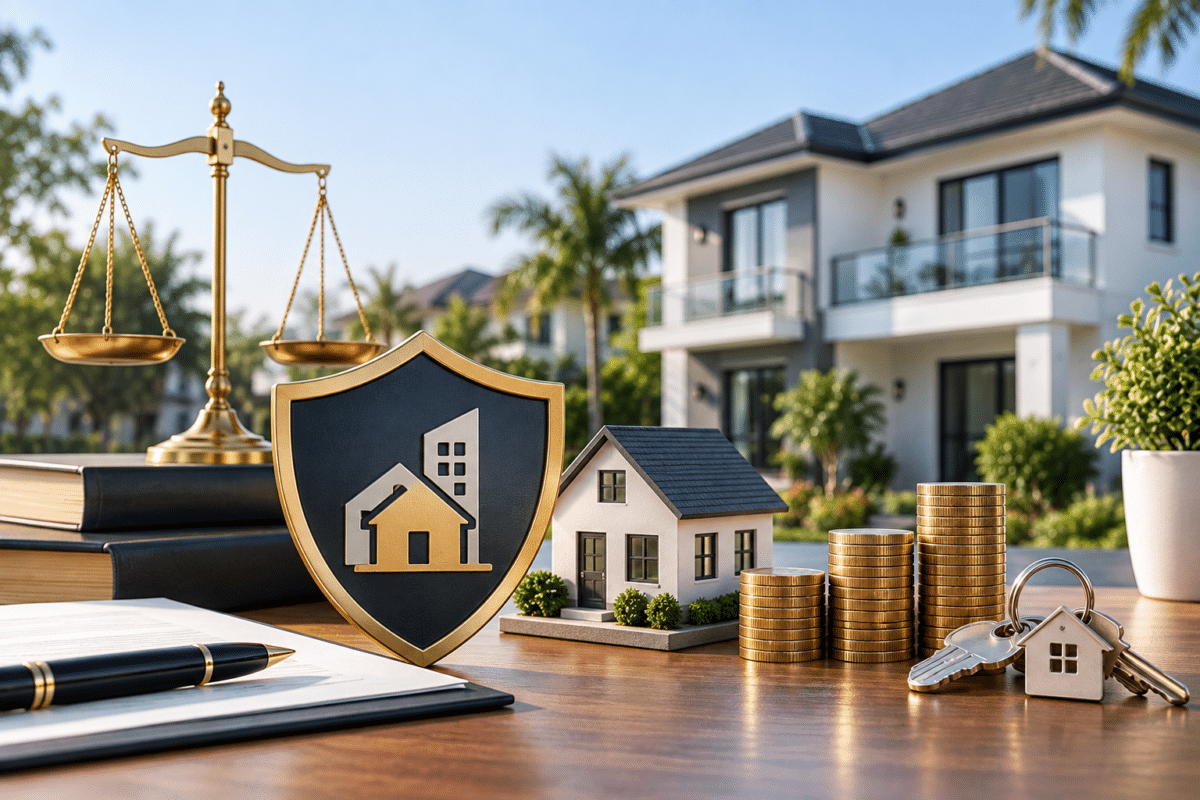 U.S. rental property investment through an LLC, represented by a house, protective shield, legal scales, keys, and stacked coins.