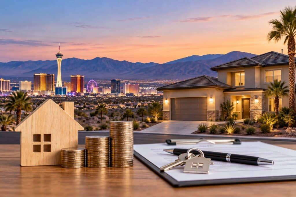Nevada rental property investment with a modern home, house keys, coins, and Las Vegas skyline at sunset.