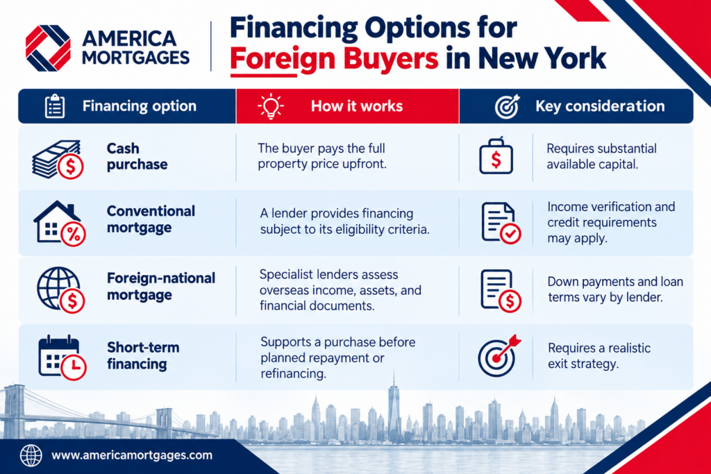 Financing options for foreign buyers purchasing New York real estate, including cash purchases, conventional mortgages, foreign-national loans, and short-term financing.