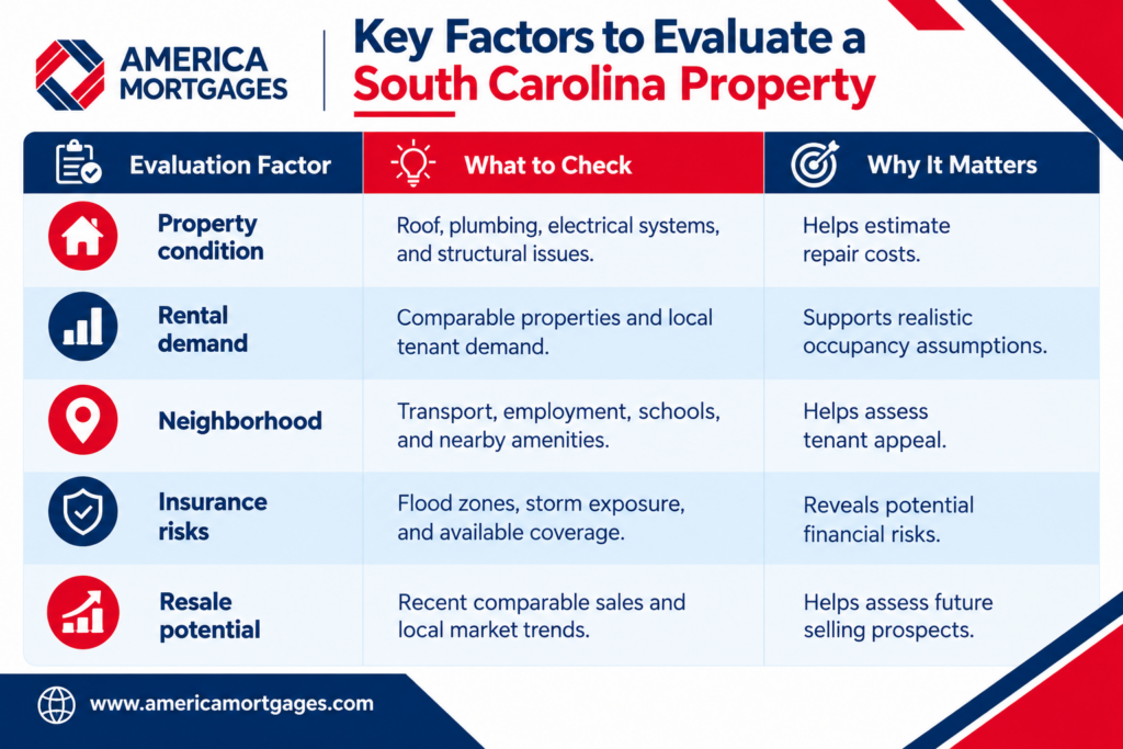 South Carolina property investment evaluation showing property condition, rental demand, neighborhood, insurance risks, and resale potential for UK investors.